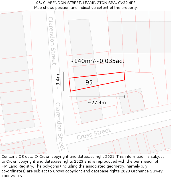 95, CLARENDON STREET, LEAMINGTON SPA, CV32 4PF: Plot and title map