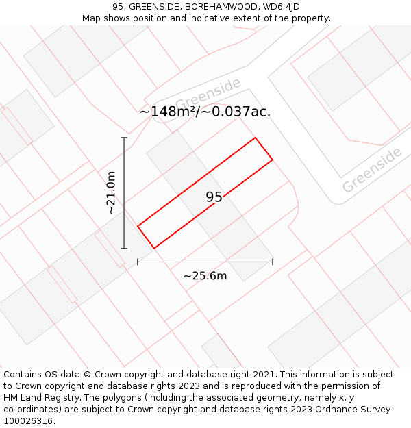 95, GREENSIDE, BOREHAMWOOD, WD6 4JD: Plot and title map