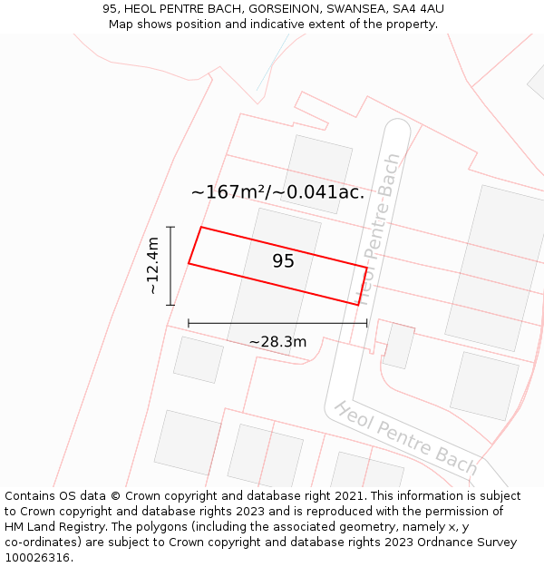 95, HEOL PENTRE BACH, GORSEINON, SWANSEA, SA4 4AU: Plot and title map