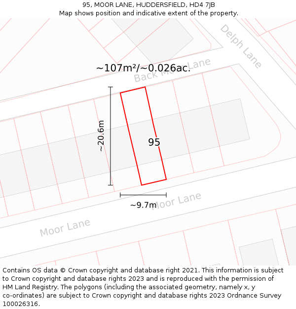 95, MOOR LANE, HUDDERSFIELD, HD4 7JB: Plot and title map