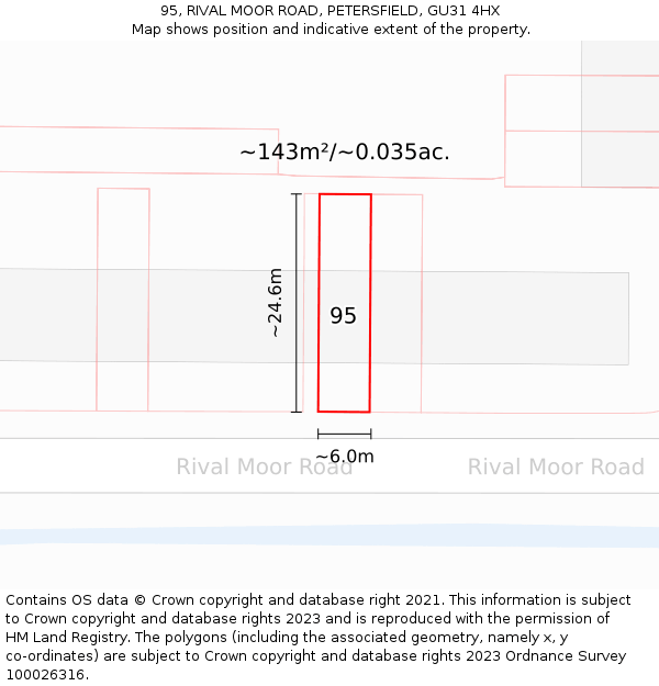 95, RIVAL MOOR ROAD, PETERSFIELD, GU31 4HX: Plot and title map