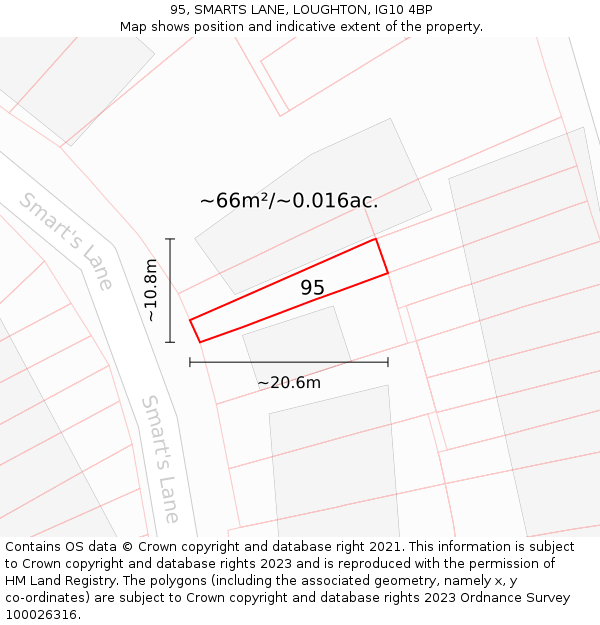 95, SMARTS LANE, LOUGHTON, IG10 4BP: Plot and title map