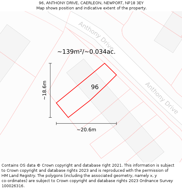 96, ANTHONY DRIVE, CAERLEON, NEWPORT, NP18 3EY: Plot and title map