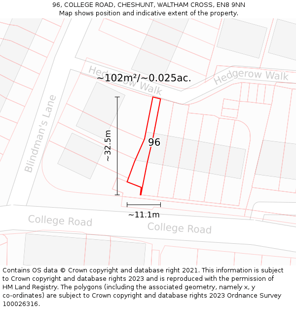 96, COLLEGE ROAD, CHESHUNT, WALTHAM CROSS, EN8 9NN: Plot and title map