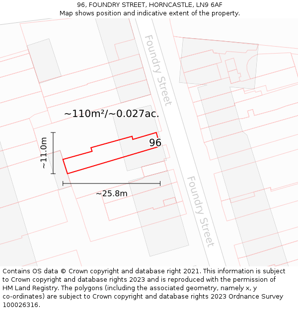 96, FOUNDRY STREET, HORNCASTLE, LN9 6AF: Plot and title map