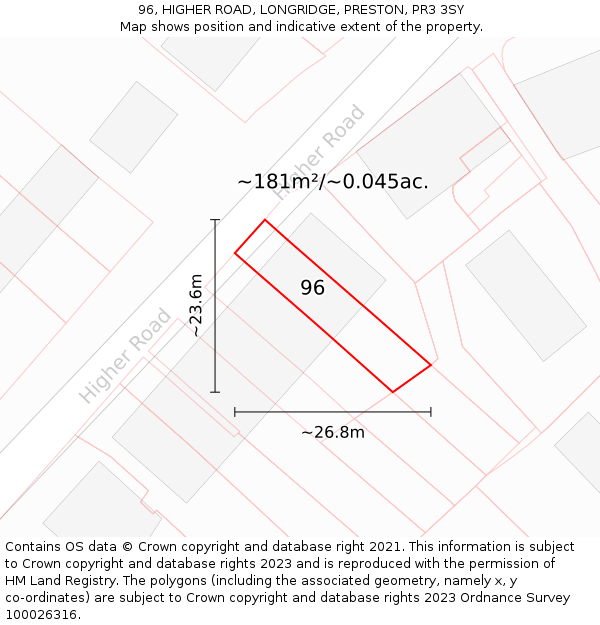 96, HIGHER ROAD, LONGRIDGE, PRESTON, PR3 3SY: Plot and title map