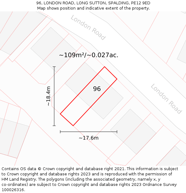 96, LONDON ROAD, LONG SUTTON, SPALDING, PE12 9ED: Plot and title map