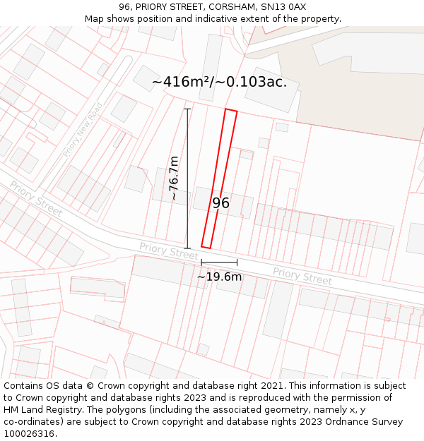 96, PRIORY STREET, CORSHAM, SN13 0AX: Plot and title map