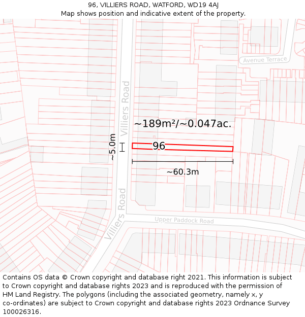 96, VILLIERS ROAD, WATFORD, WD19 4AJ: Plot and title map
