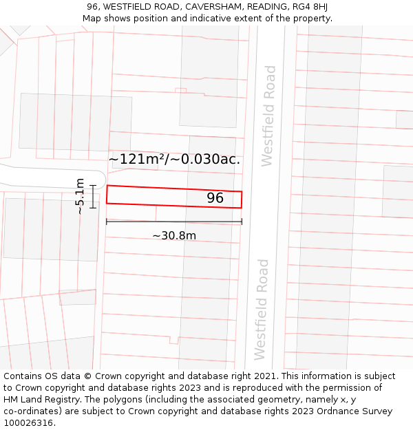 96, WESTFIELD ROAD, CAVERSHAM, READING, RG4 8HJ: Plot and title map