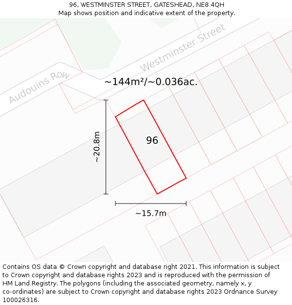 96, WESTMINSTER STREET, GATESHEAD, NE8 4QH: Plot and title map