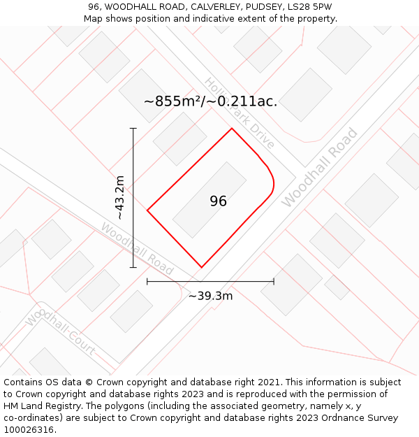 96, WOODHALL ROAD, CALVERLEY, PUDSEY, LS28 5PW: Plot and title map