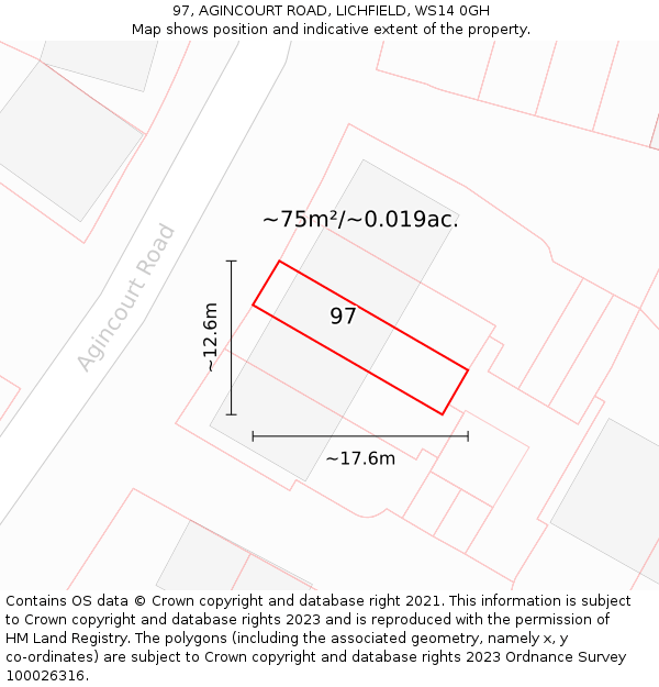 97, AGINCOURT ROAD, LICHFIELD, WS14 0GH: Plot and title map