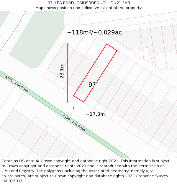 97, LEA ROAD, GAINSBOROUGH, DN21 1AB: Plot and title map