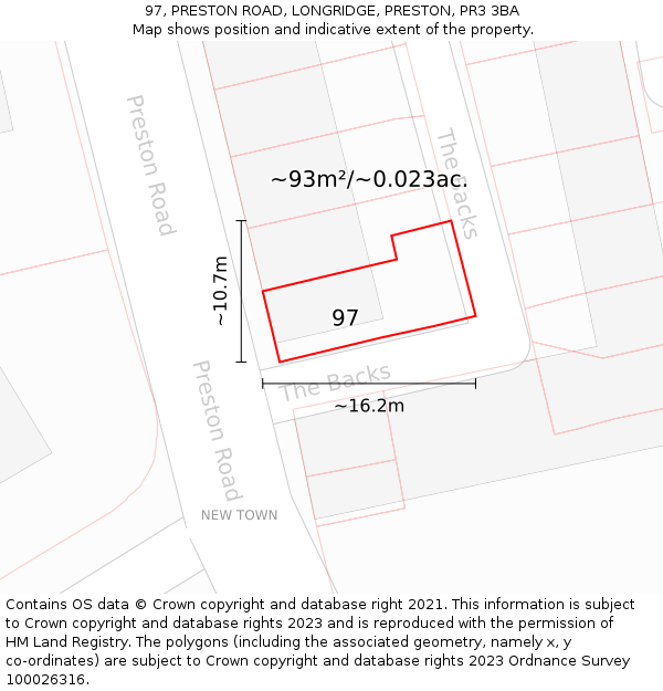 97, PRESTON ROAD, LONGRIDGE, PRESTON, PR3 3BA: Plot and title map