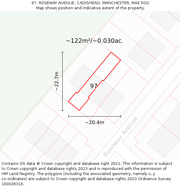 97, ROSEWAY AVENUE, CADISHEAD, MANCHESTER, M44 5GG: Plot and title map