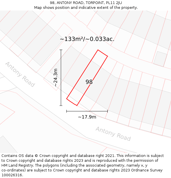 98, ANTONY ROAD, TORPOINT, PL11 2JU: Plot and title map
