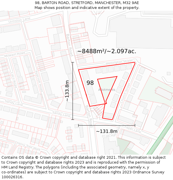 98, BARTON ROAD, STRETFORD, MANCHESTER, M32 9AE: Plot and title map