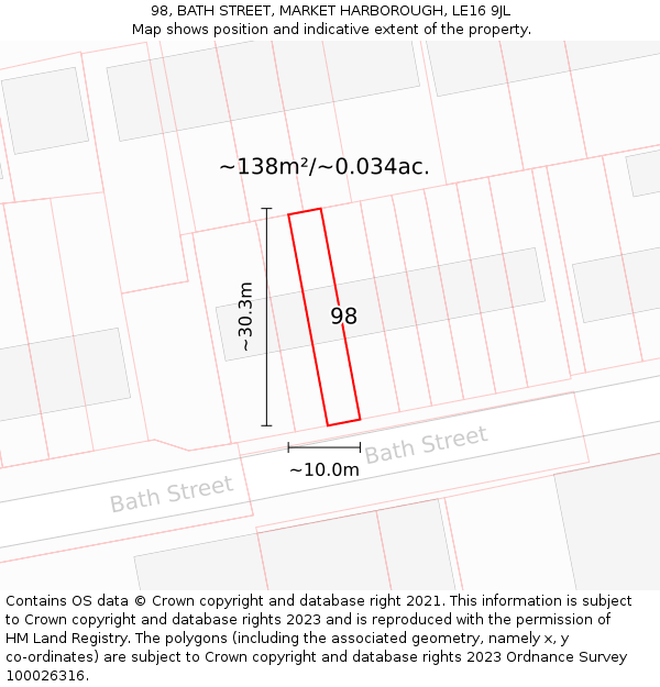 98, BATH STREET, MARKET HARBOROUGH, LE16 9JL: Plot and title map