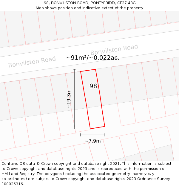98, BONVILSTON ROAD, PONTYPRIDD, CF37 4RG: Plot and title map