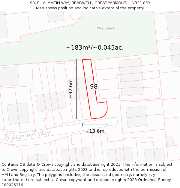 98, EL ALAMEIN WAY, BRADWELL, GREAT YARMOUTH, NR31 8SY: Plot and title map