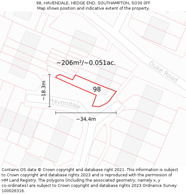 98, HAVENDALE, HEDGE END, SOUTHAMPTON, SO30 0FF: Plot and title map