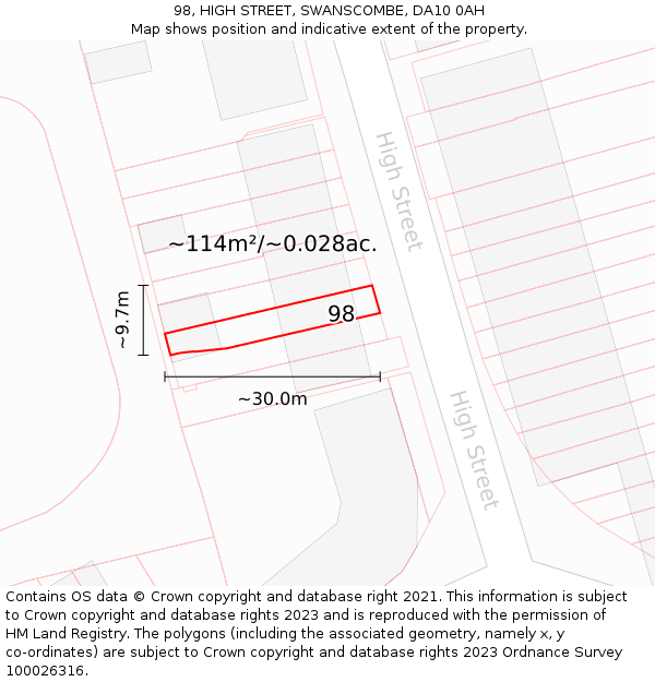 98, HIGH STREET, SWANSCOMBE, DA10 0AH: Plot and title map