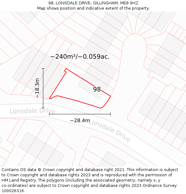 98, LONSDALE DRIVE, GILLINGHAM, ME8 9HZ: Plot and title map