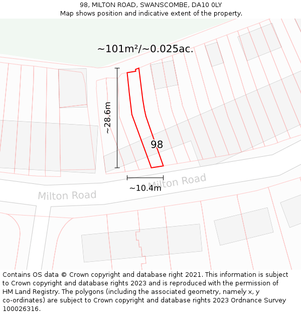 98, MILTON ROAD, SWANSCOMBE, DA10 0LY: Plot and title map