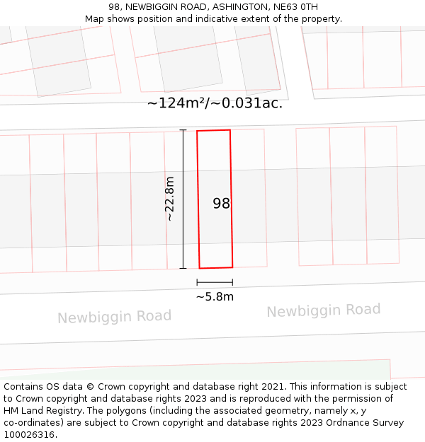 98, NEWBIGGIN ROAD, ASHINGTON, NE63 0TH: Plot and title map