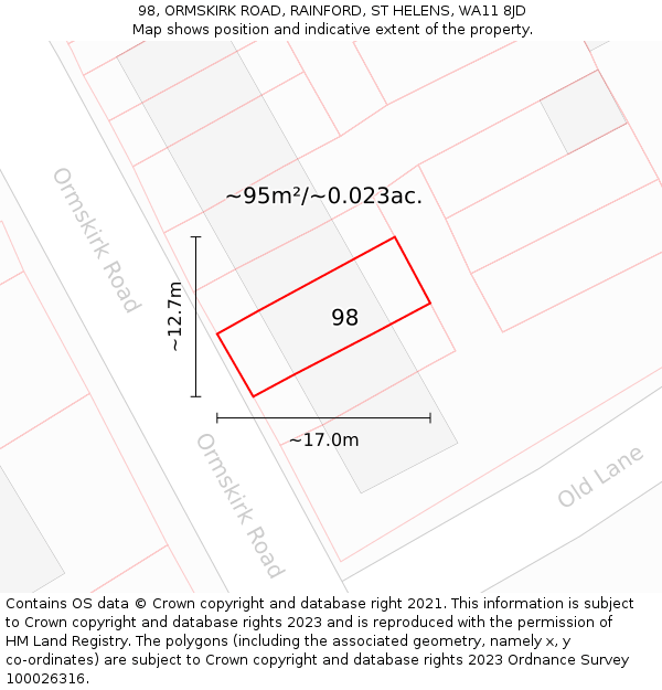 98, ORMSKIRK ROAD, RAINFORD, ST HELENS, WA11 8JD: Plot and title map