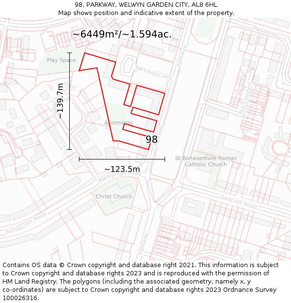 98, PARKWAY, WELWYN GARDEN CITY, AL8 6HL: Plot and title map