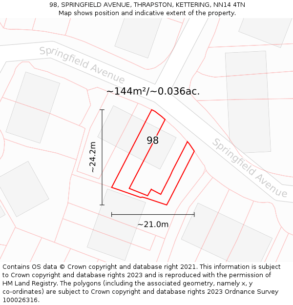 98, SPRINGFIELD AVENUE, THRAPSTON, KETTERING, NN14 4TN: Plot and title map