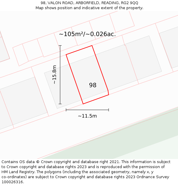 98, VALON ROAD, ARBORFIELD, READING, RG2 9QQ: Plot and title map