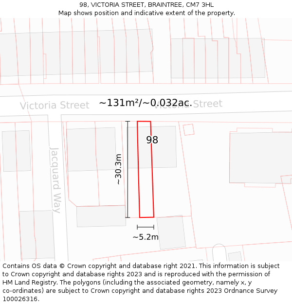 98, VICTORIA STREET, BRAINTREE, CM7 3HL: Plot and title map