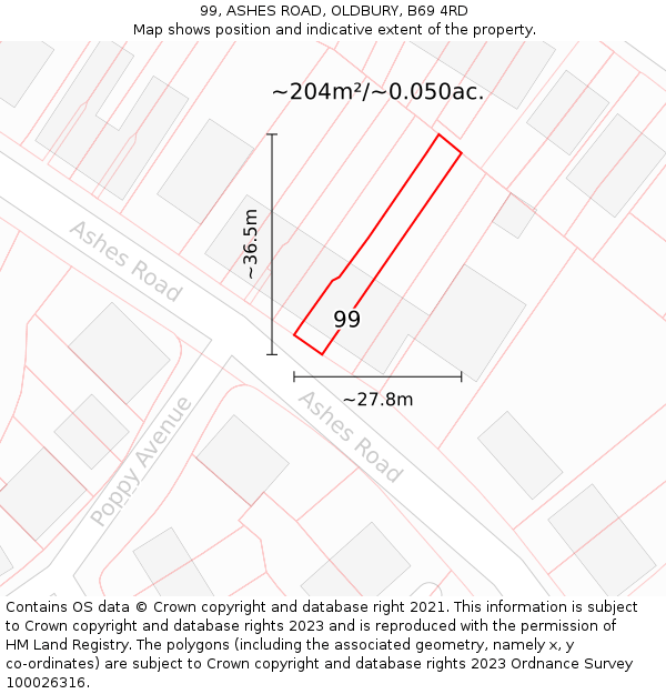 99, ASHES ROAD, OLDBURY, B69 4RD: Plot and title map