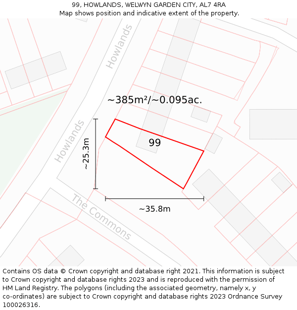 99, HOWLANDS, WELWYN GARDEN CITY, AL7 4RA: Plot and title map
