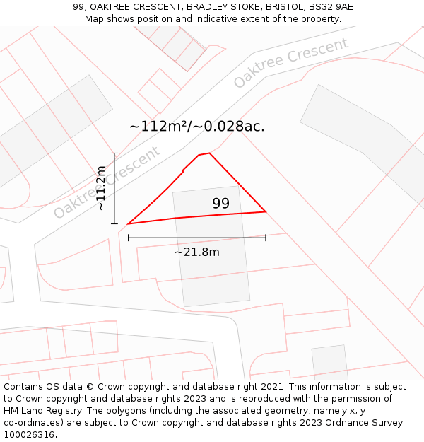 99, OAKTREE CRESCENT, BRADLEY STOKE, BRISTOL, BS32 9AE: Plot and title map