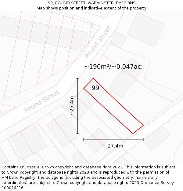 99, POUND STREET, WARMINSTER, BA12 8NS: Plot and title map