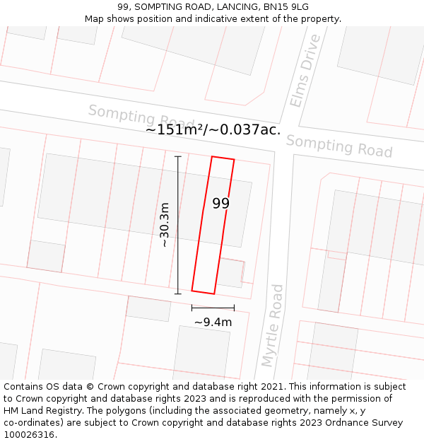 99, SOMPTING ROAD, LANCING, BN15 9LG: Plot and title map