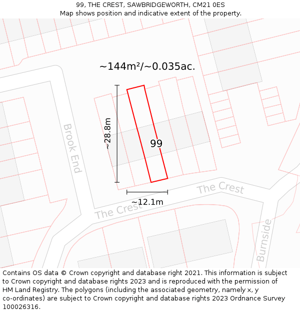 99, THE CREST, SAWBRIDGEWORTH, CM21 0ES: Plot and title map