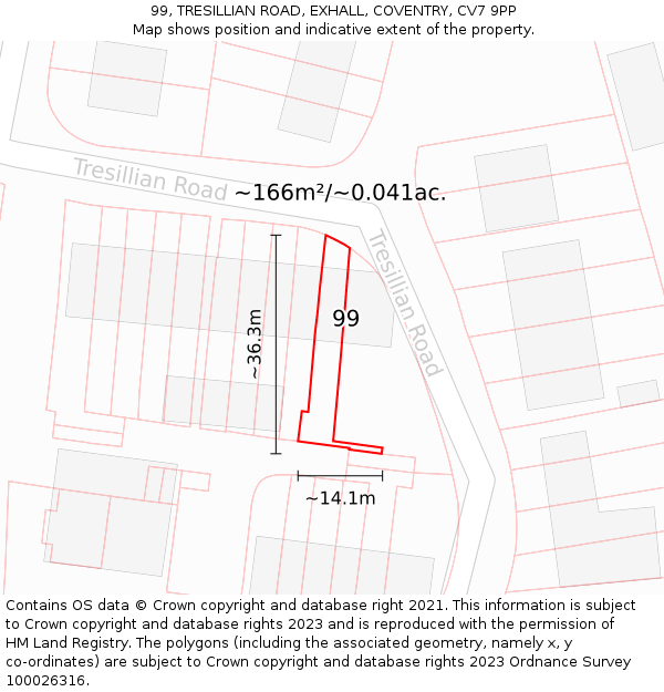 99, TRESILLIAN ROAD, EXHALL, COVENTRY, CV7 9PP: Plot and title map