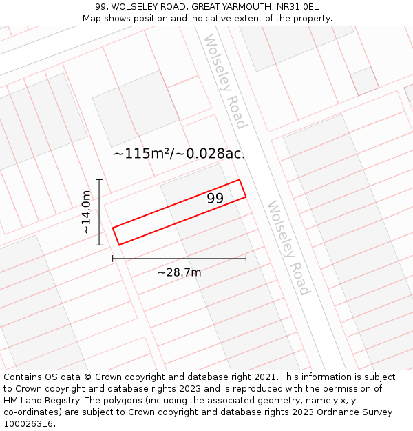 99, WOLSELEY ROAD, GREAT YARMOUTH, NR31 0EL: Plot and title map