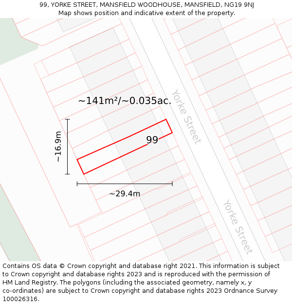99, YORKE STREET, MANSFIELD WOODHOUSE, MANSFIELD, NG19 9NJ: Plot and title map
