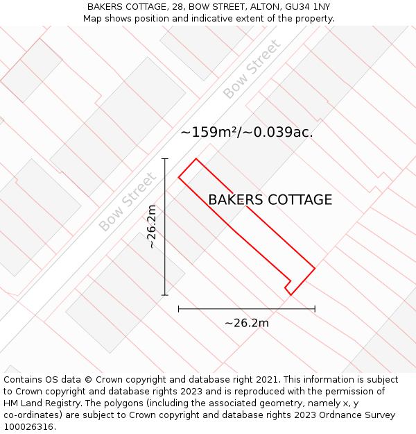 BAKERS COTTAGE, 28, BOW STREET, ALTON, GU34 1NY: Plot and title map