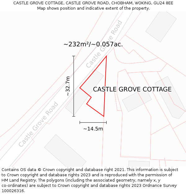 CASTLE GROVE COTTAGE, CASTLE GROVE ROAD, CHOBHAM, WOKING, GU24 8EE: Plot and title map