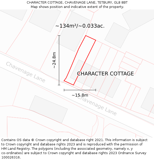 CHARACTER COTTAGE, CHAVENAGE LANE, TETBURY, GL8 8BT: Plot and title map