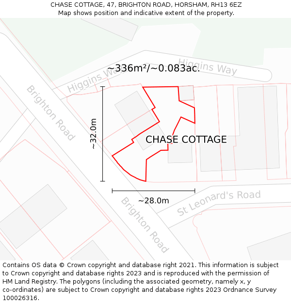 CHASE COTTAGE, 47, BRIGHTON ROAD, HORSHAM, RH13 6EZ: Plot and title map