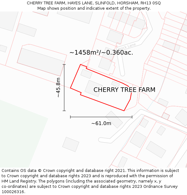 CHERRY TREE FARM, HAYES LANE, SLINFOLD, HORSHAM, RH13 0SQ: Plot and title map