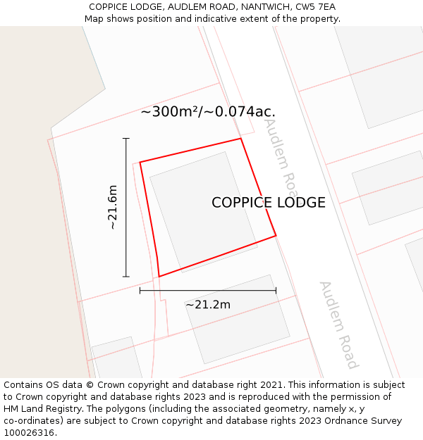 COPPICE LODGE, AUDLEM ROAD, NANTWICH, CW5 7EA: Plot and title map